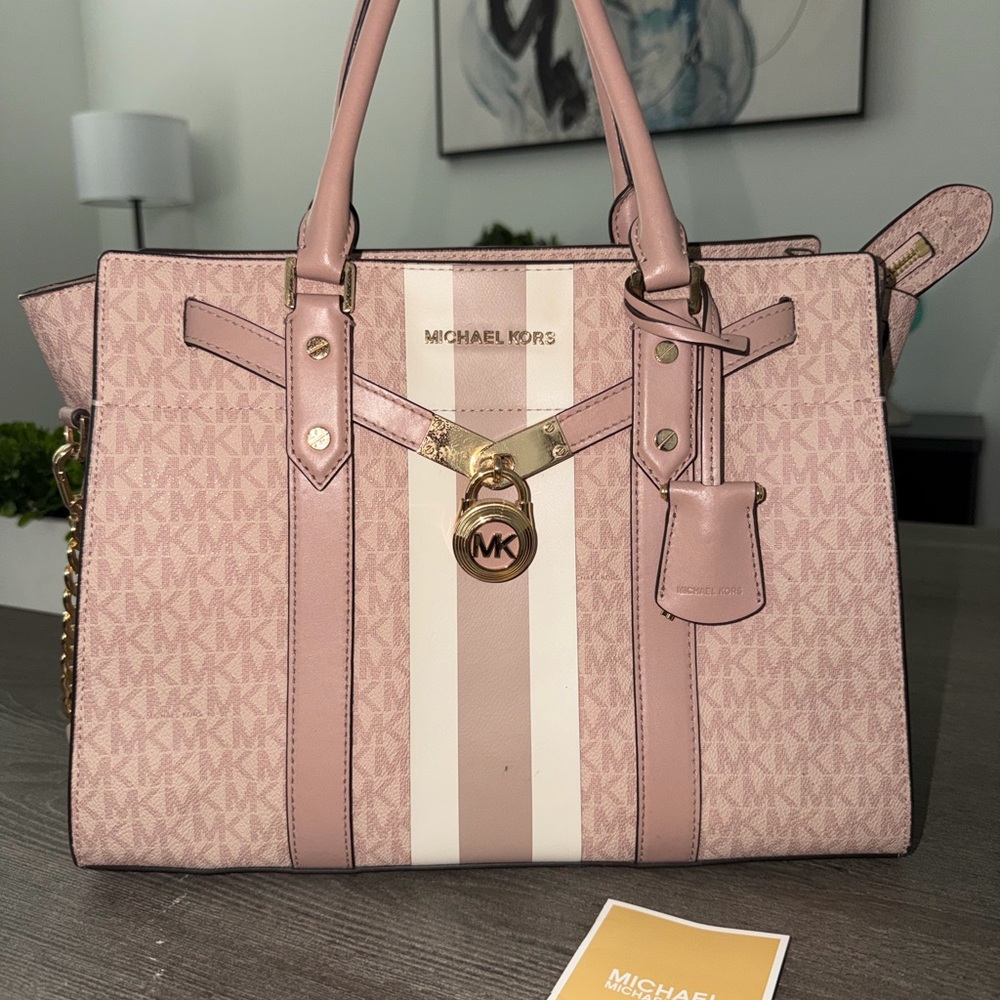 Michael Kors Blush Pink Signature Stripe Satchel with Gold Hardware